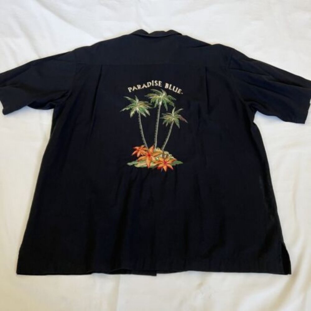 Paradise Blue Mens Size XL Black Embroidered Palm Trees Button Tropical Shirt